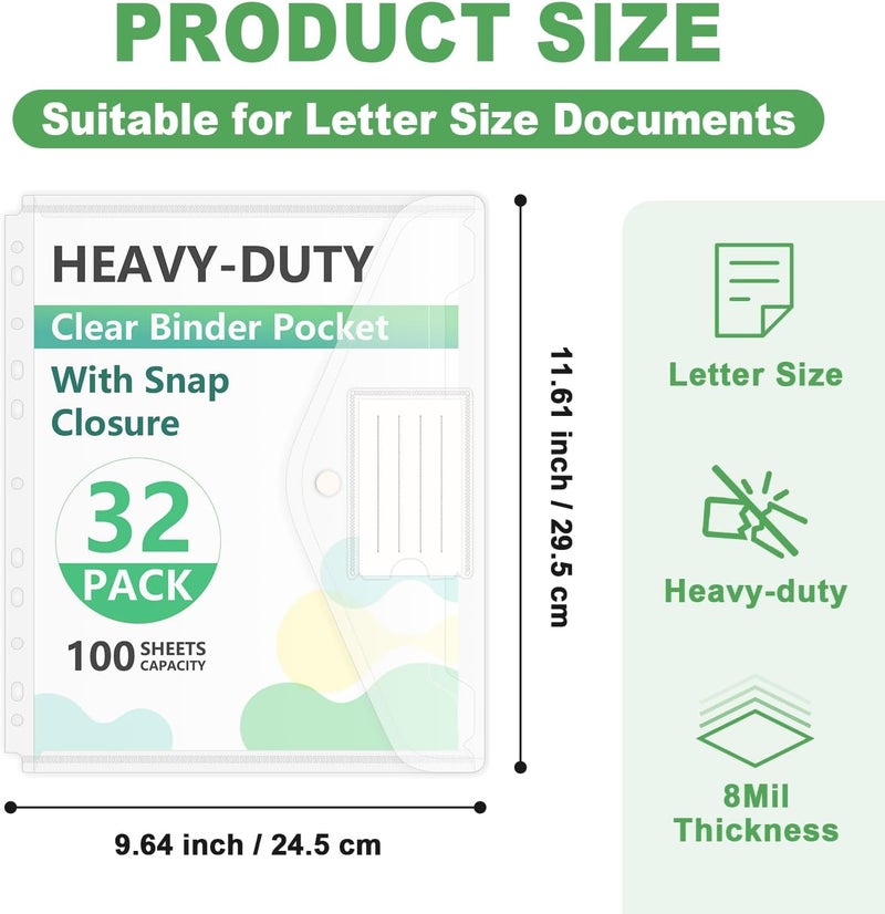 HOUYEE 32 Pack Clear Binder Pocket, 11 Holes Heavy-Duty Plastic Binder Pouch with Snap Closure for 2/3/4 Ring Binder, Clear Binder Folders for School Office, 8 Mil,100 Sheet Capacity, Letter Size - Image 2